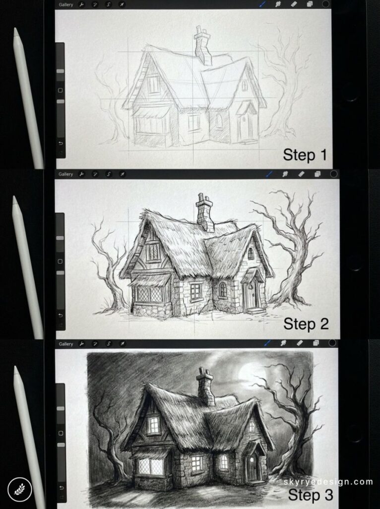Three-step digital drawing process showing rough-to-finished thatched cottage on iPad Procreate with Apple Pencil.