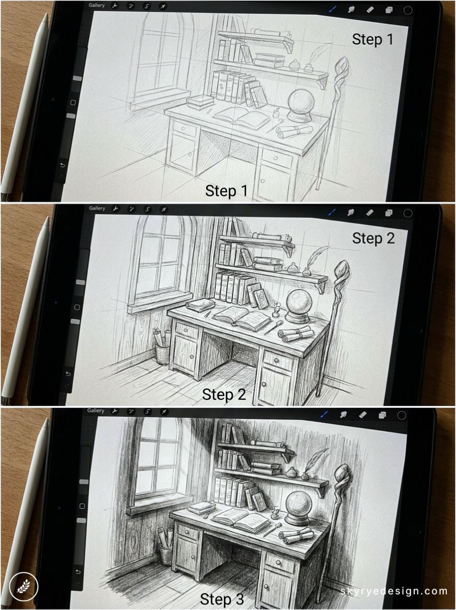 Procreate step-by-step digital pencil sketch on iPad: cozy desk scene with books, globe, window and staff