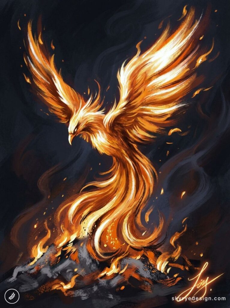 Fiery phoenix digital illustration rising from glowing embers, orange and gold flames on dark background