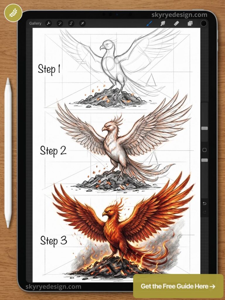 Step-by-step phoenix drawing tutorial on iPad: sketch, detailed linework, and final fiery digital illustration.
