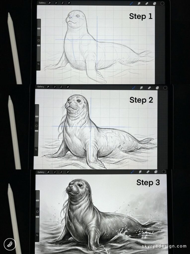 Three-step digital tablet tutorial showing seal drawing: step 1 sketch, step 2 shading, step 3 realistic render
