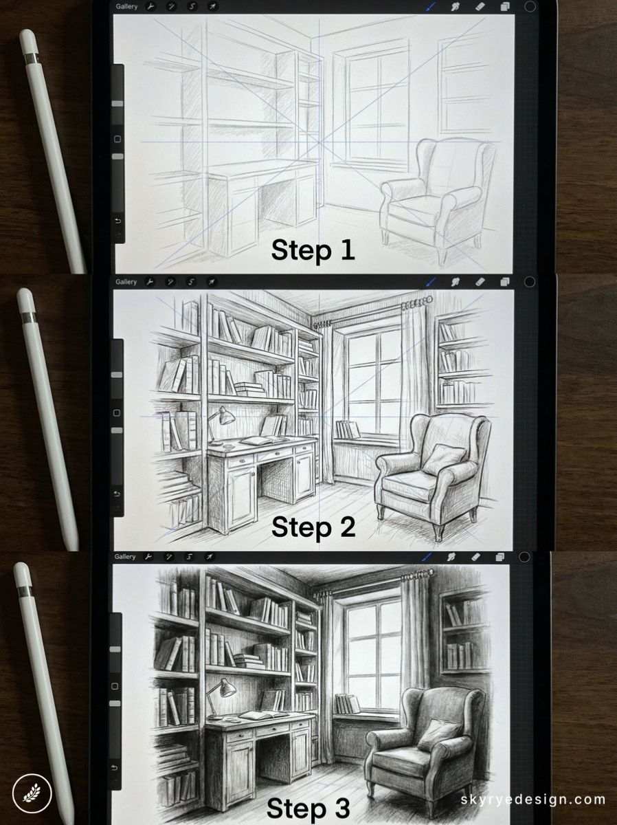 Step-by-step digital sketch tutorial on tablet: cozy study with bookshelf, desk and armchair in three progressive stages