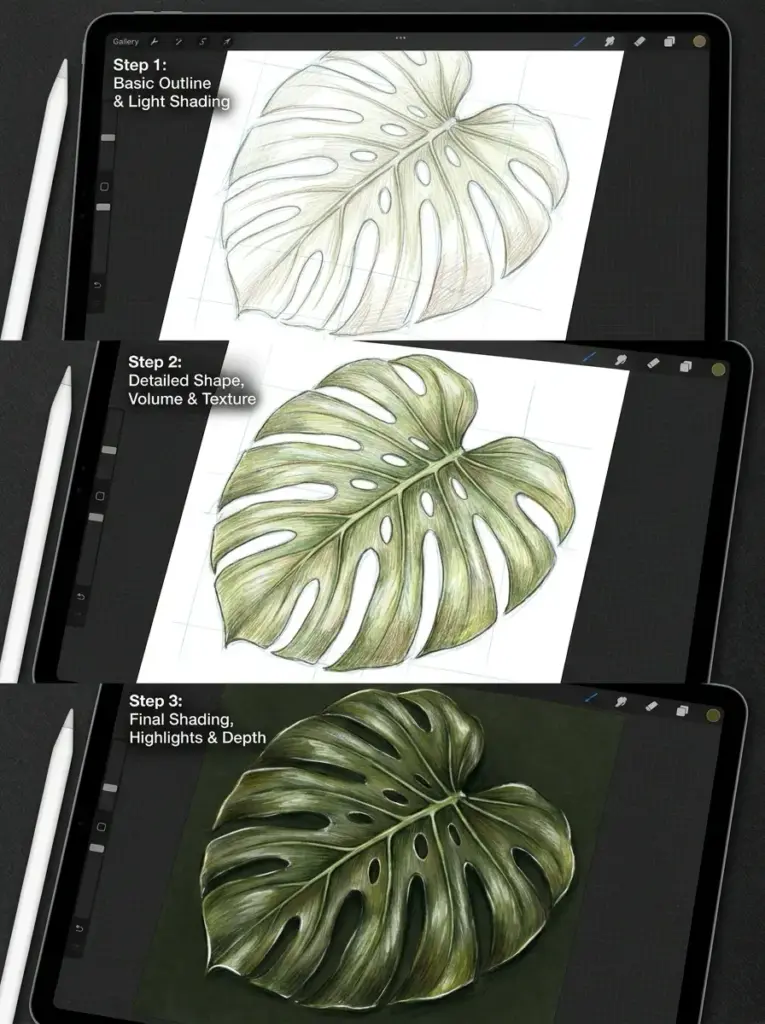 Three-step digital tutorial showing progressive monstera leaf drawing on iPad with stylus: outline, texture, final shading