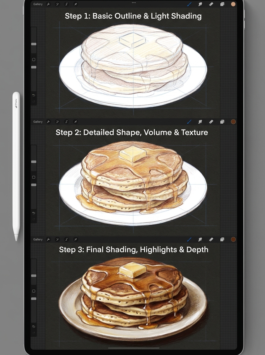 iPad Procreate three-step pancake drawing tutorial: outline, texture, final shaded pancakes with butter and syrup.