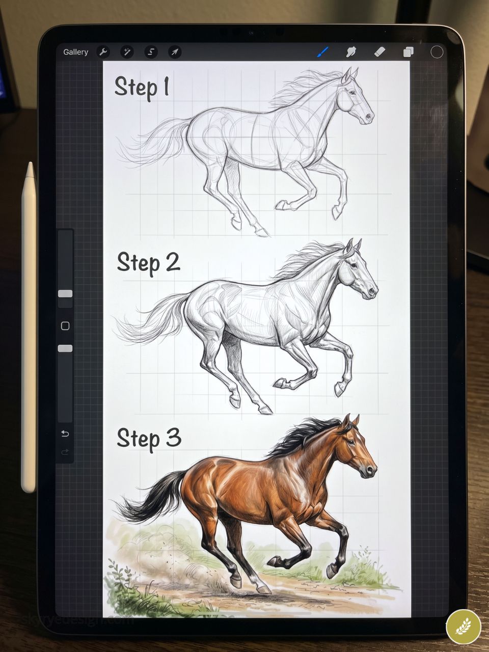 iPad horse drawing tutorial: step 1 sketch, step 2 shaded pencil, step 3 colored galloping horse