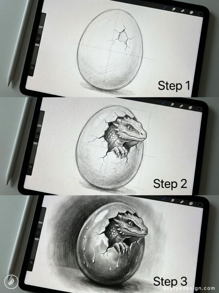 Step-by-step digital pencil sketch tutorial on tablet of a baby dragon hatching from a cracked egg