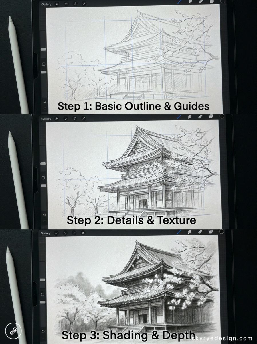 Three-step digital drawing tutorial of a Japanese temple on a tablet with stylus: outline, details, shading progression