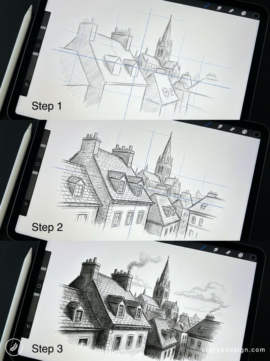 Step-by-step iPad Procreate sketch tutorial of European rooftops and church spire with Apple Pencil