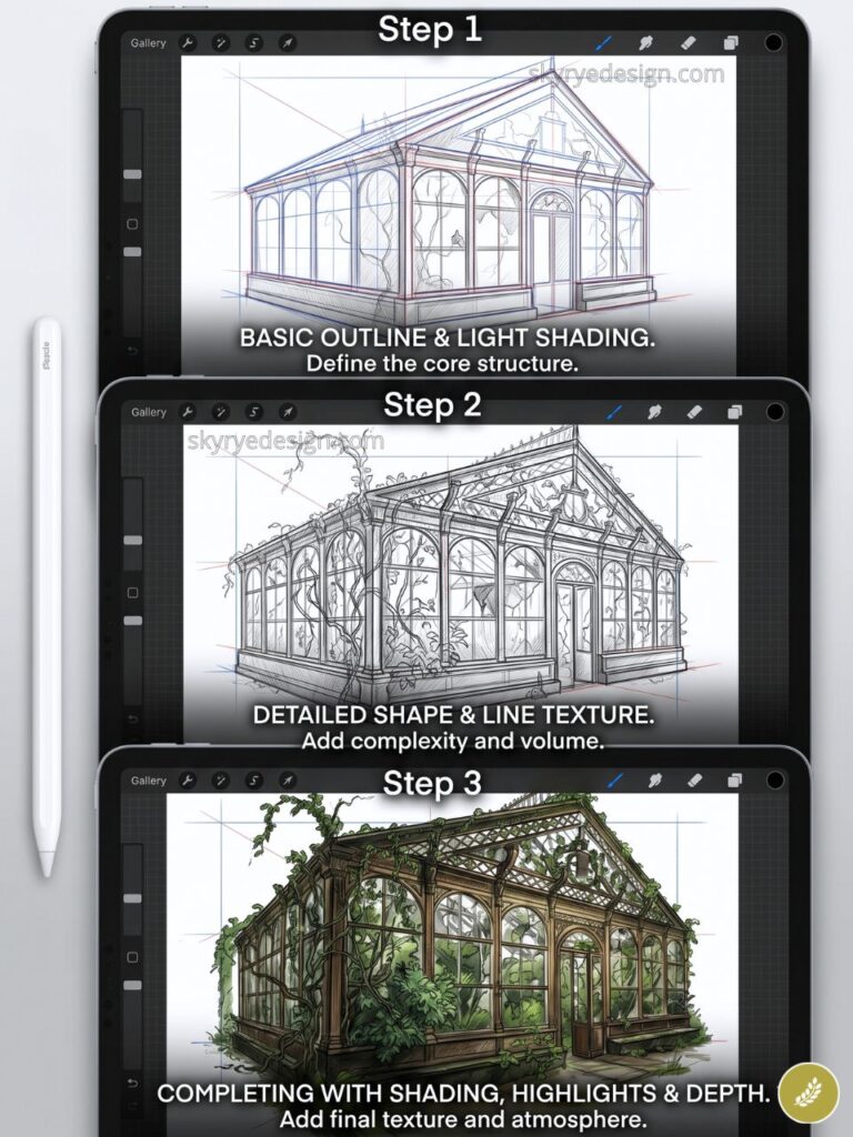 Three-step digital tutorial showing greenhouse drawing stages on tablet: outline, linework, and full-color shading.