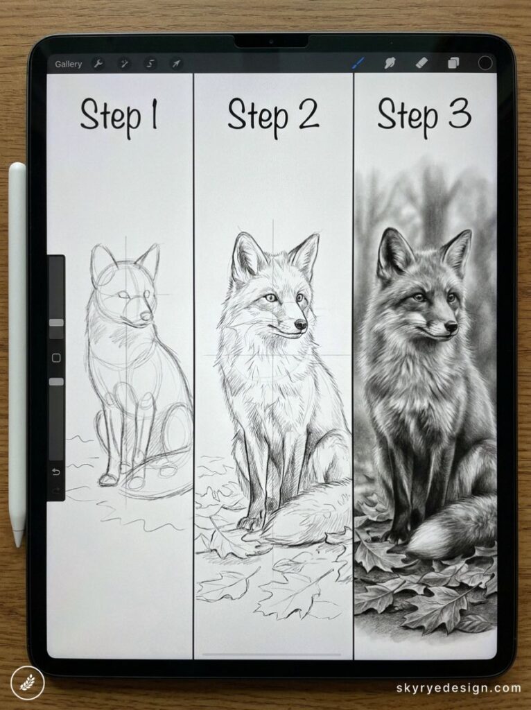 iPad fox drawing tutorial: step 1 sketch, step 2 detailed linework, step 3 realistic shaded fox with Apple Pencil
