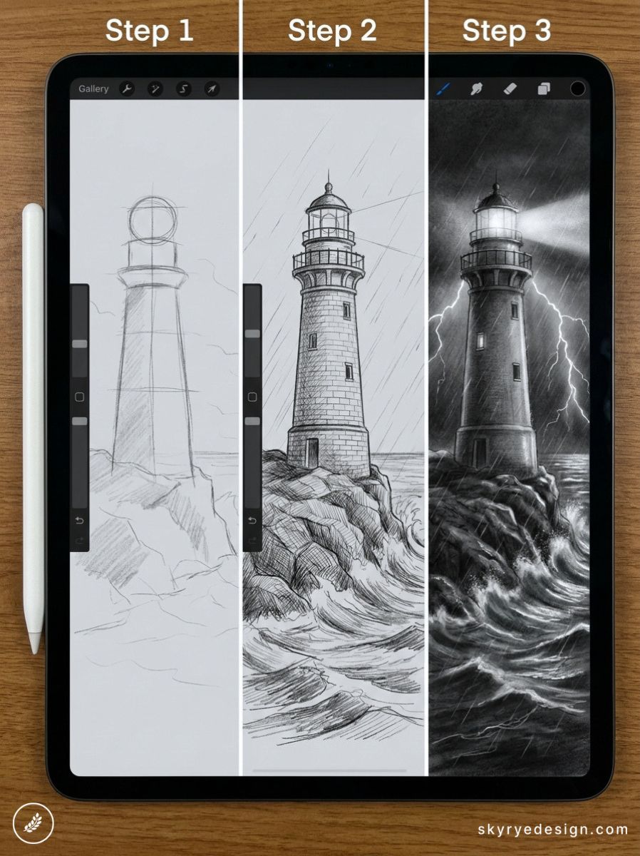 iPad showing 3-step lighthouse drawing: sketch, inked details, final stormy scene with waves and lightning