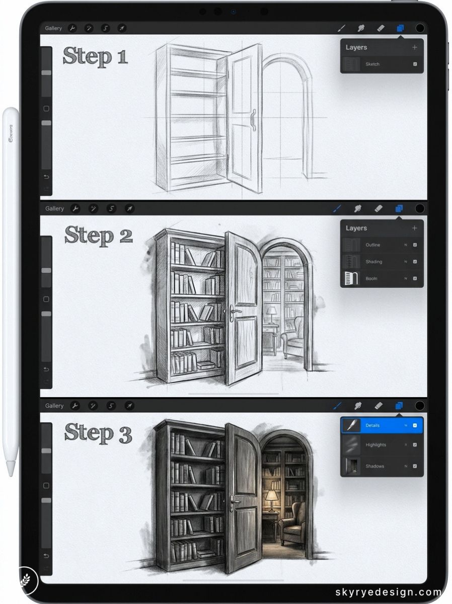 Procreate iPad tutorial: 3-step sketch-to-render of secret bookcase door opening to a cozy library