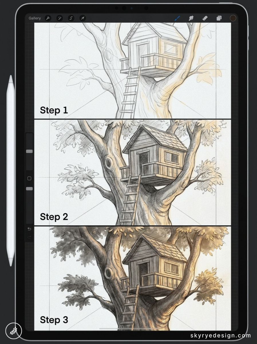 iPad screen showing step-by-step treehouse sketch progression (Step 1,2,3) with Apple Pencil — digital drawing tutorial