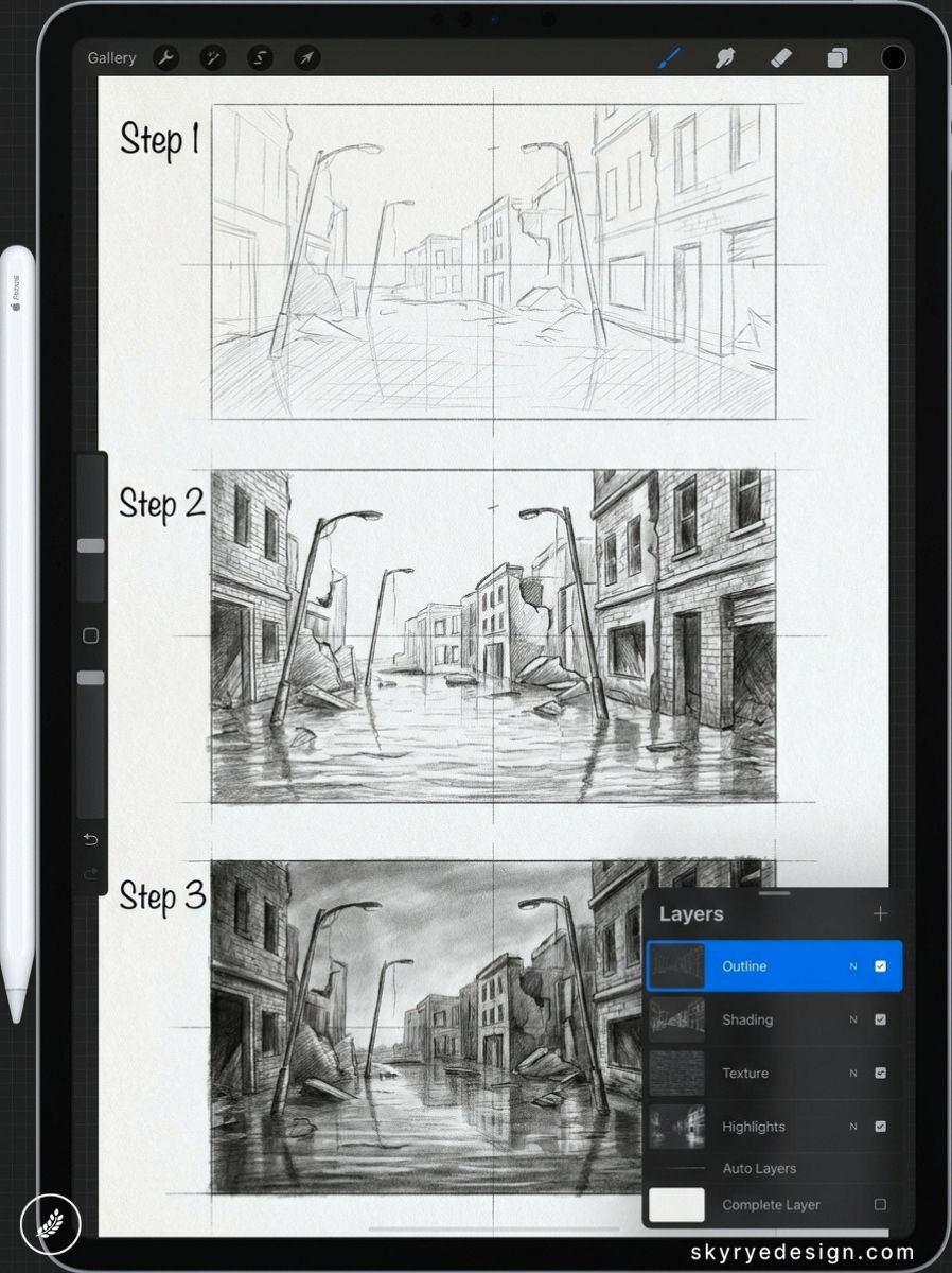 iPad art tutorial showing three-step sketch-to-render of a flooded city street with visible layers panel