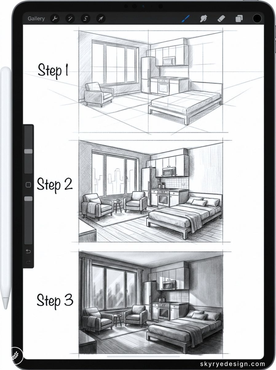 Tablet displaying three-step pencil sketch progression of a studio apartment interior with bed, chairs, window and kitchenette