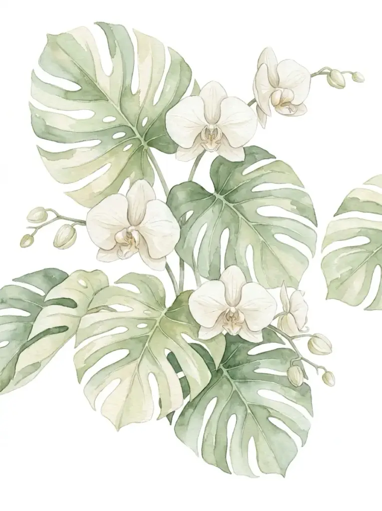 Watercolor botanical illustration of green monstera leaves and white orchid blooms on a clean white background