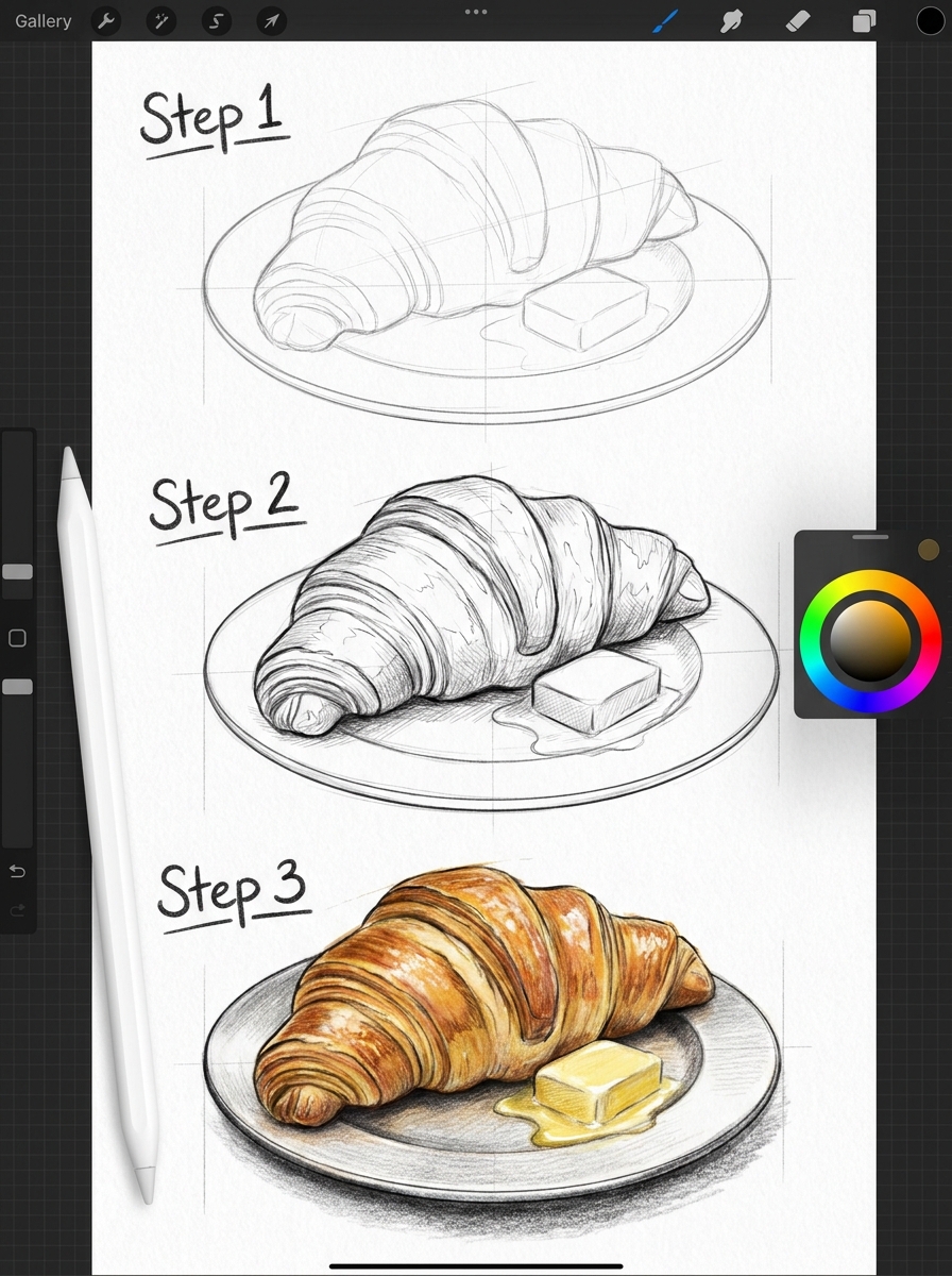 Three-step croissant drawing tutorial: sketch, shaded linework, and full-color croissant on plate with butter