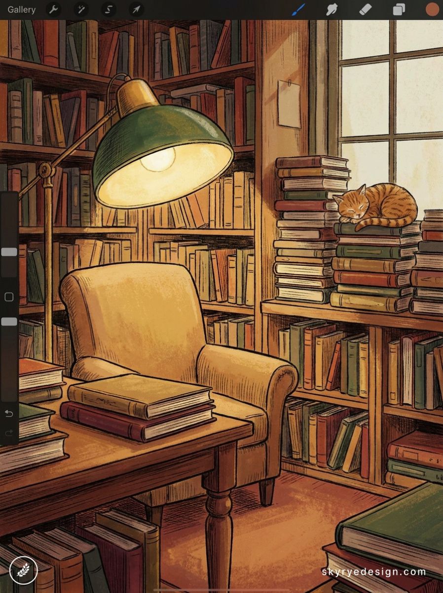 Illustration of a cozy reading nook in a home library: armchair, lamp, bookshelves and a sleeping cat on stacked books