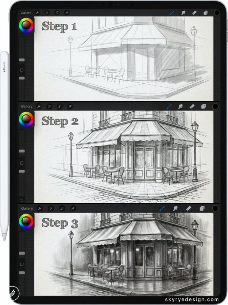 Cafe sketch tutorial on iPad: three step-by-step pencil drawings of a corner cafe, Procreate with Apple Pencil