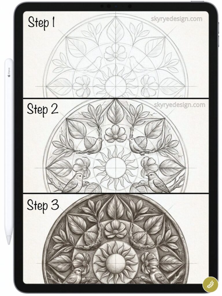 Step-by-step mandala tutorial on tablet: stages of circular floral design with birds, leaves and sun (Steps 1-3)