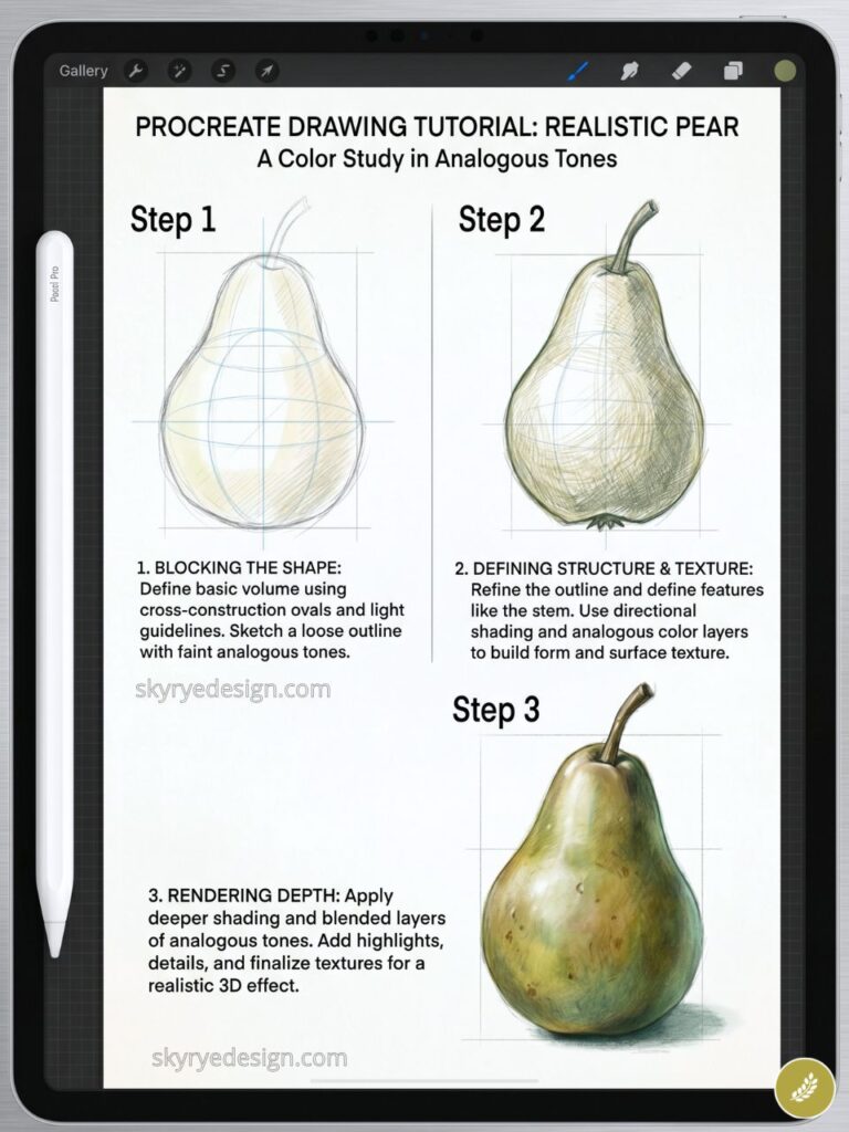 Procreate realistic pear drawing tutorial: step-by-step blocking, defining texture, and rendering depth