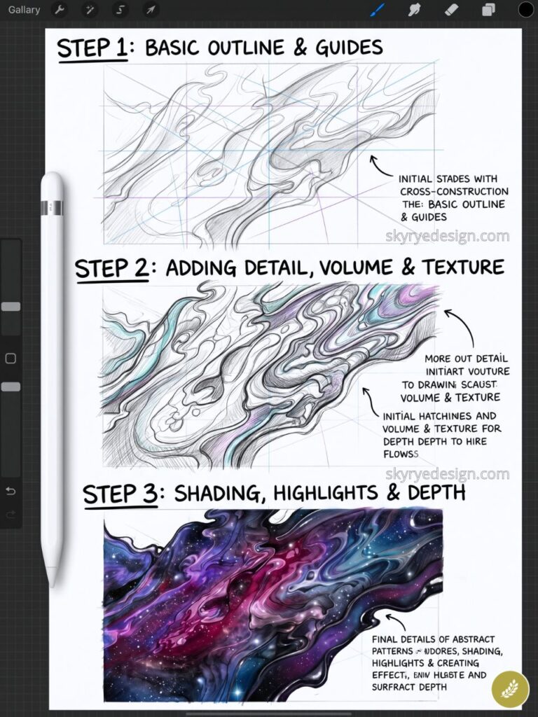 Step-by-step digital painting: sketch to detailed abstract galaxy flow with shading, highlights & depth