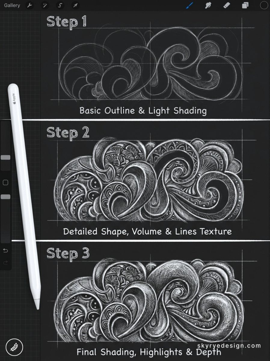 Three-step digital chalk-style tutorial showing ornamental swirl doodle progression with Apple Pencil