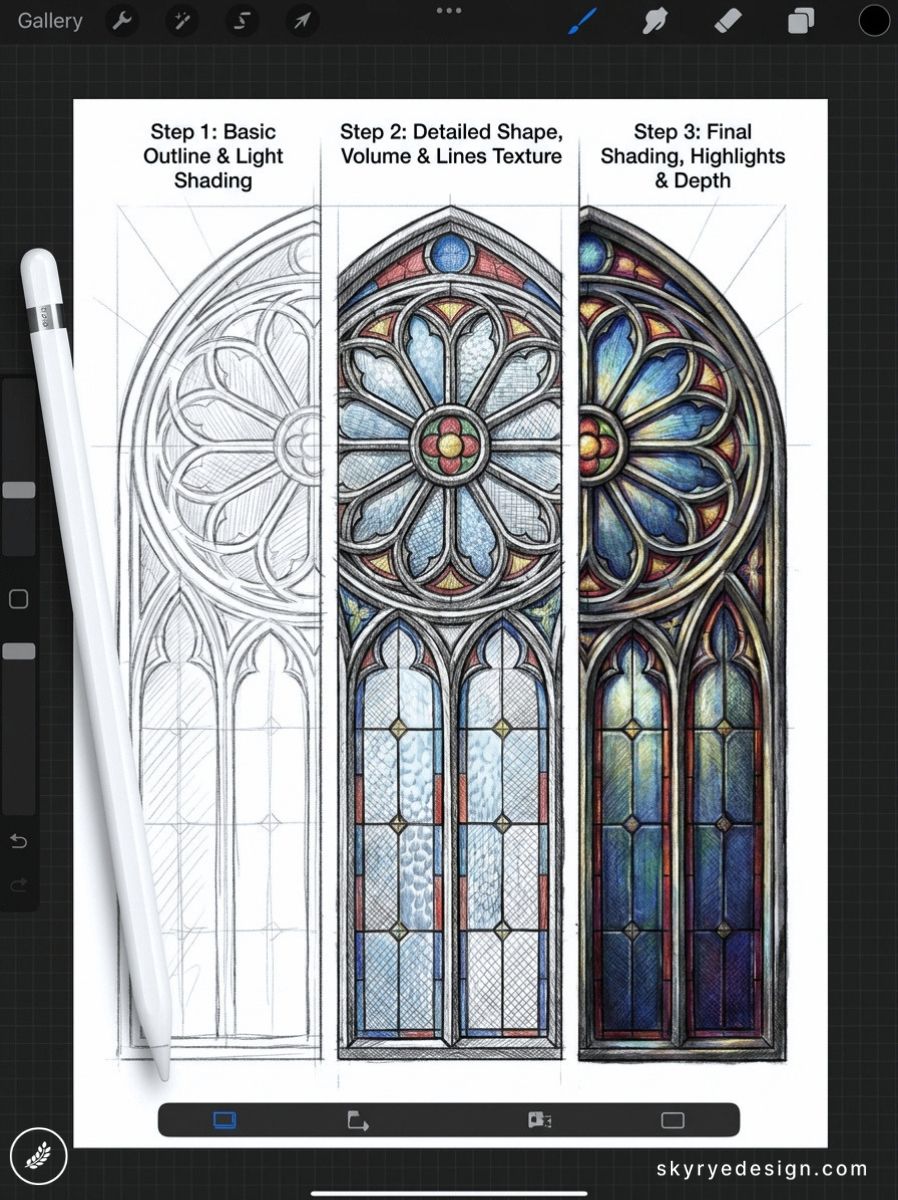 Stained glass window drawing tutorial: Step 1 outline, Step 2 color & texture, Step 3 final shading (iPad/Procreate)