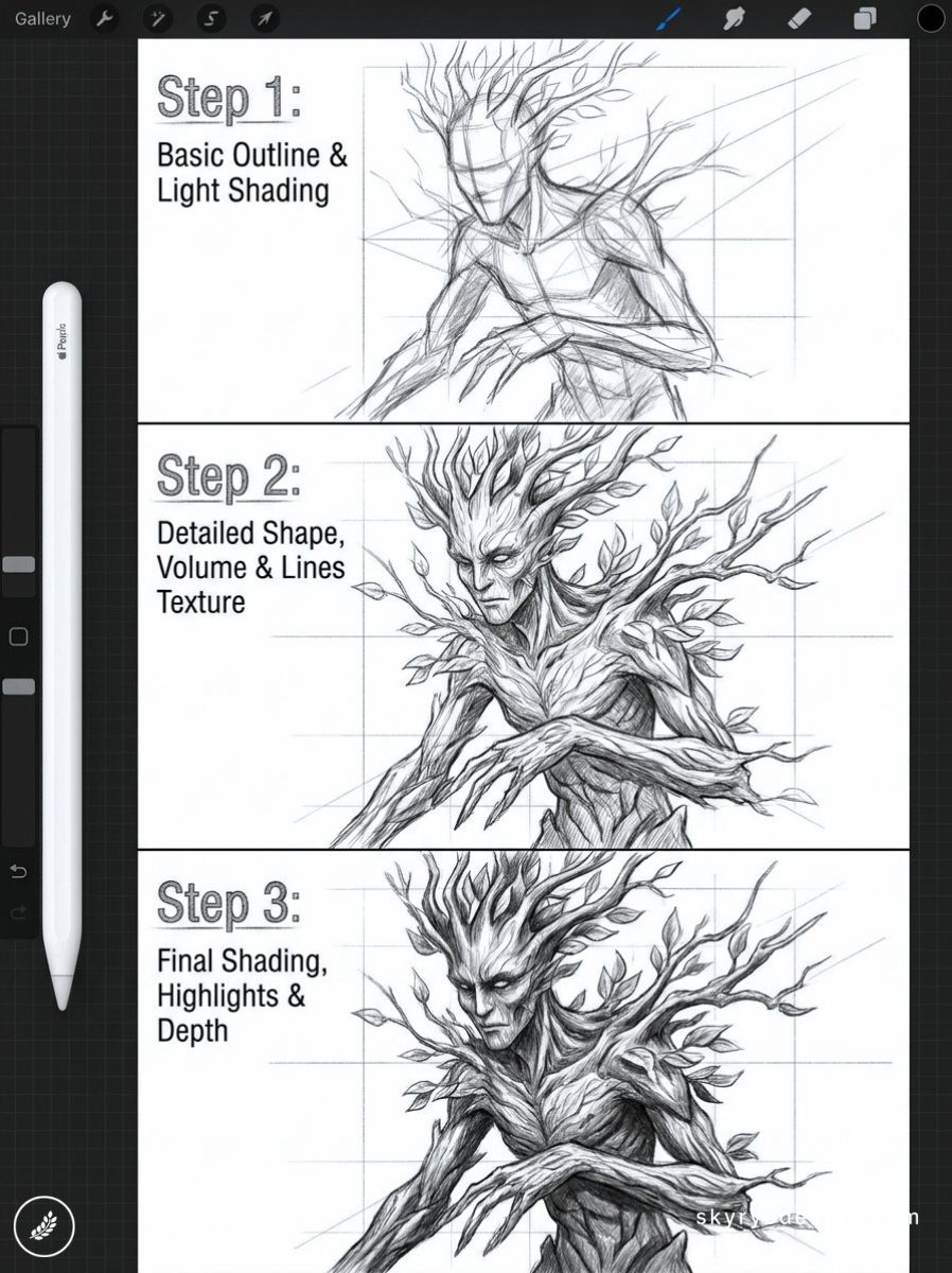 Three-step digital pencil tutorial: tree-man sketch to detailed lines, final shading and highlights.