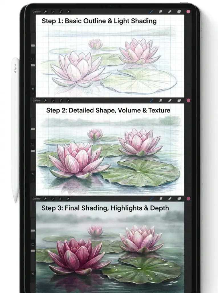 Procreate iPad tutorial showing 3-step digital painting of pink waterlilies: outline, shading, highlights