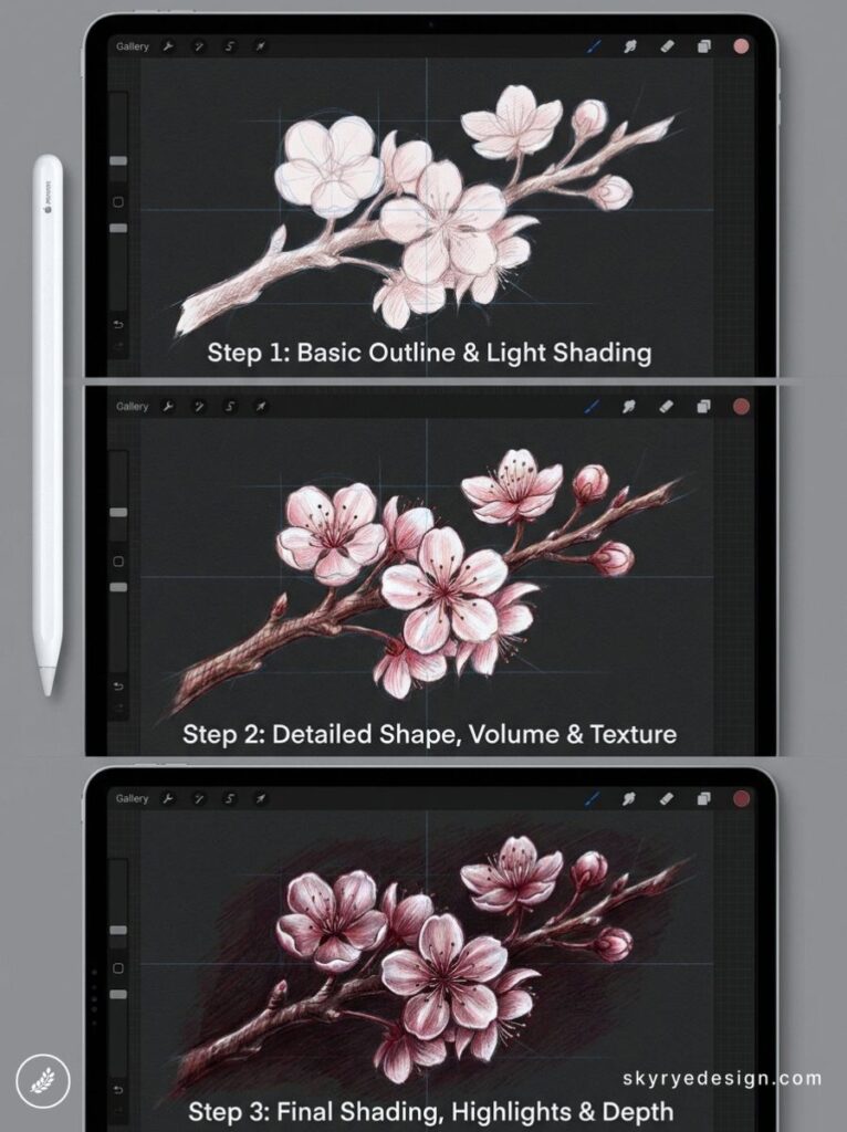 iPad Procreate tutorial showing three-step digital painting of cherry blossom branch progression with Apple Pencil