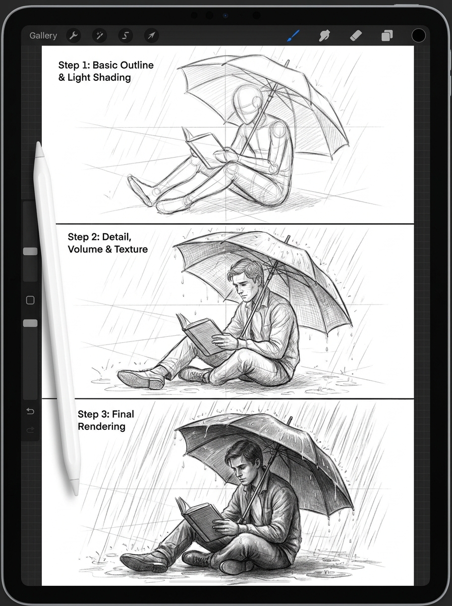 Tablet art tutorial: three-step pencil drawings of a man reading under an umbrella in rain—outline, detail, final rendering