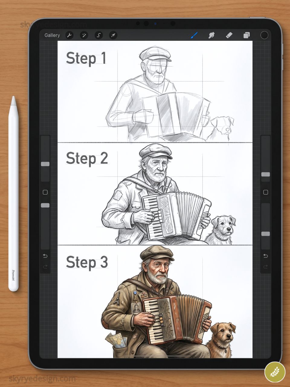 Tablet showing step-by-step digital drawing: sketch, ink, and color of an elderly musician playing accordion with dog.