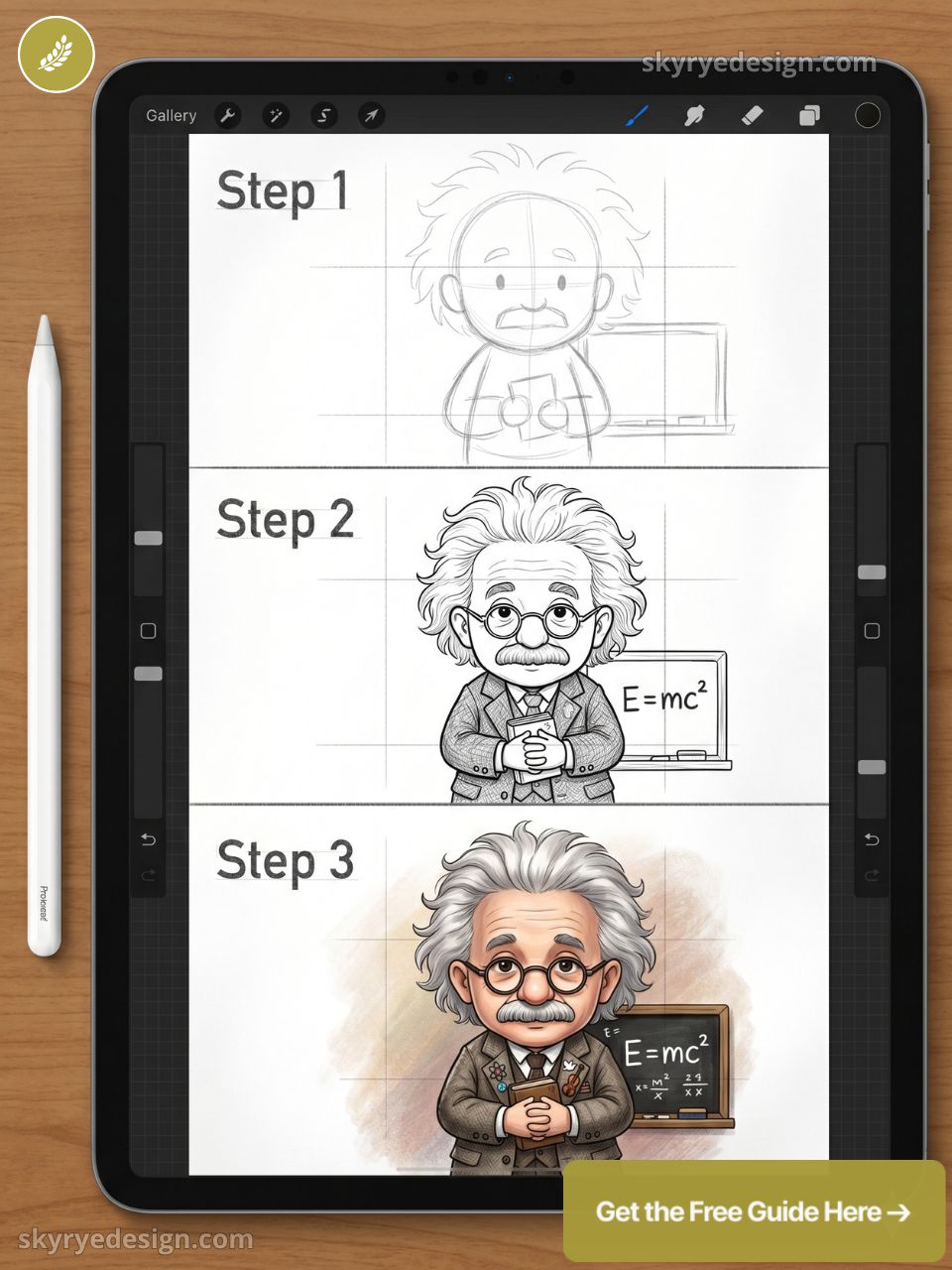 Tablet showing step-by-step cartoon Einstein drawing tutorial from sketch to full color, stylus and chalkboard E=mc^2