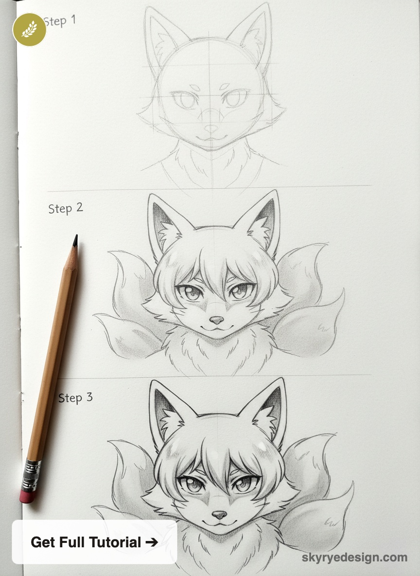 Step-by-step fox drawing tutorial: three pencil sketch stages of an anime-style fox head on sketchbook