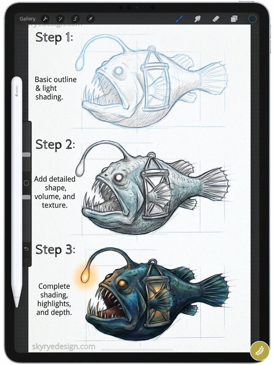 Anglerfish digital drawing tutorial on tablet: step 1 sketch, step 2 detailed lines, step 3 final color.
