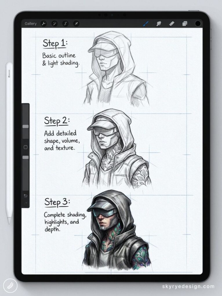 Tablet showing step-by-step digital drawing tutorial: sketch to detailed colored hooded cyberpunk character with tattoos.
