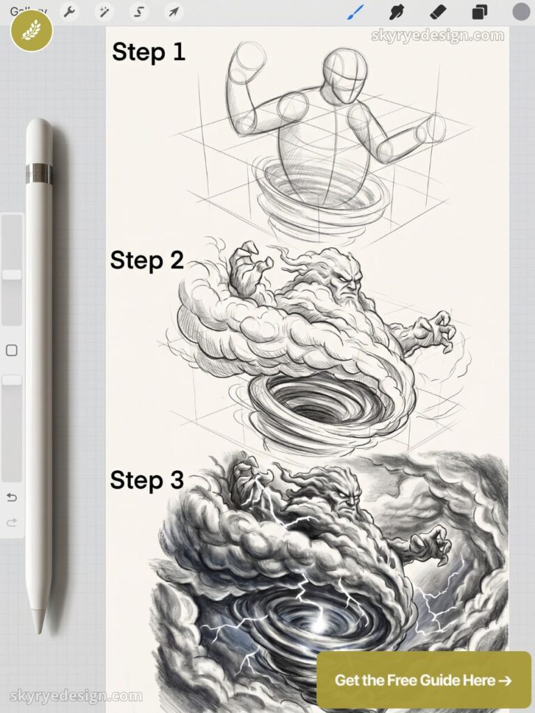 Step-by-step digital tutorial: tornado storm character drawing from rough sketch to detailed shaded rendering, stylus shown