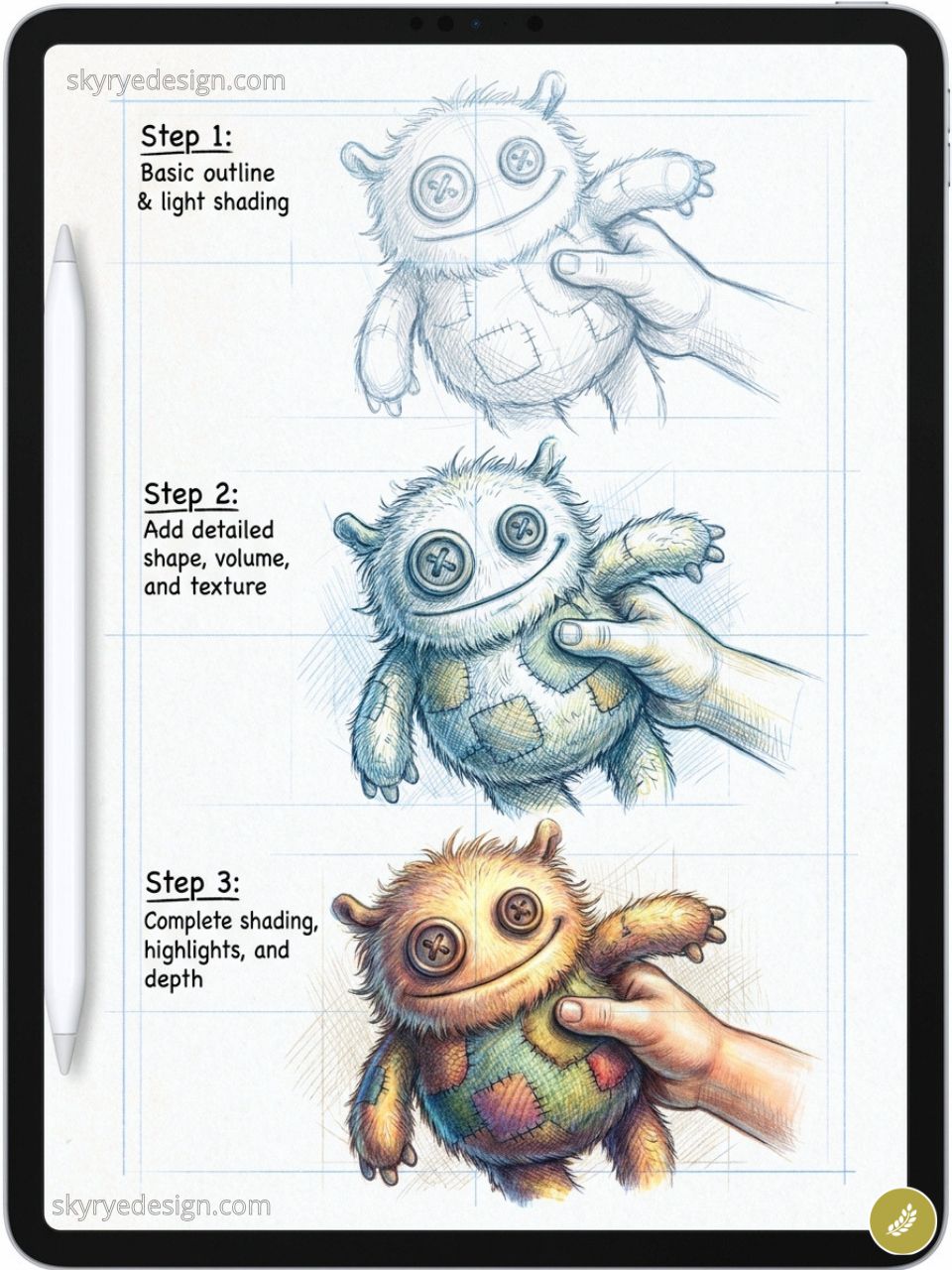 Tablet tutorial showing three-step digital drawing of a button-eyed plush monster from sketch to full color, stylus beside.
