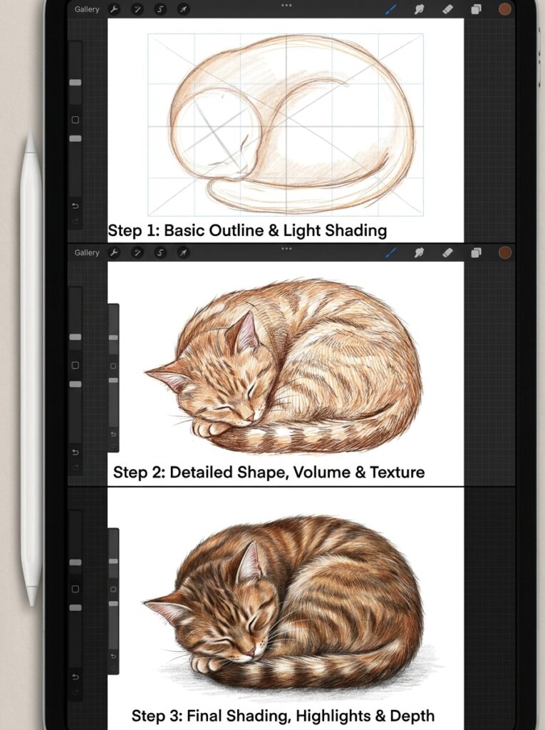 Three-step digital drawing tutorial of a curled sleeping tabby cat: basic sketch, detailed fur, final shaded painting