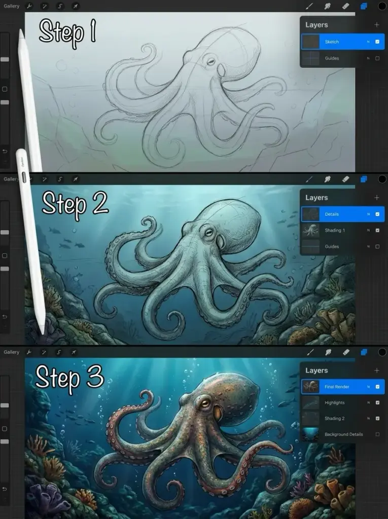 Three-step Procreate digital painting tutorial of an octopus: sketch, shading/details, final rendered underwater scene.