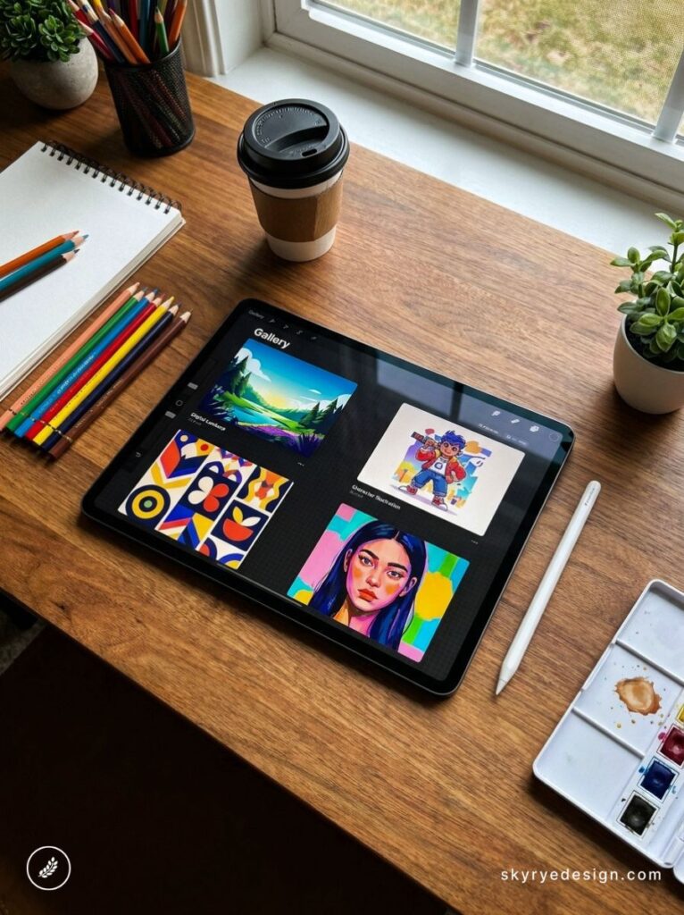 Digital artist workspace: tablet displaying colorful illustrations, Apple Pencil, colored pencils, sketchbook and coffee.