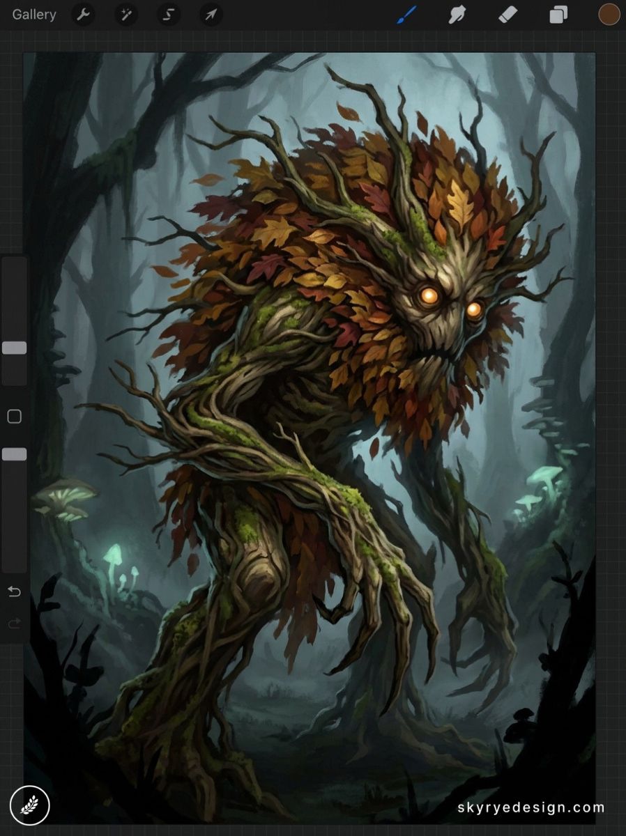 Fantasy treant digital painting: towering tree creature with glowing eyes, twisted wooden limbs and autumn leaves