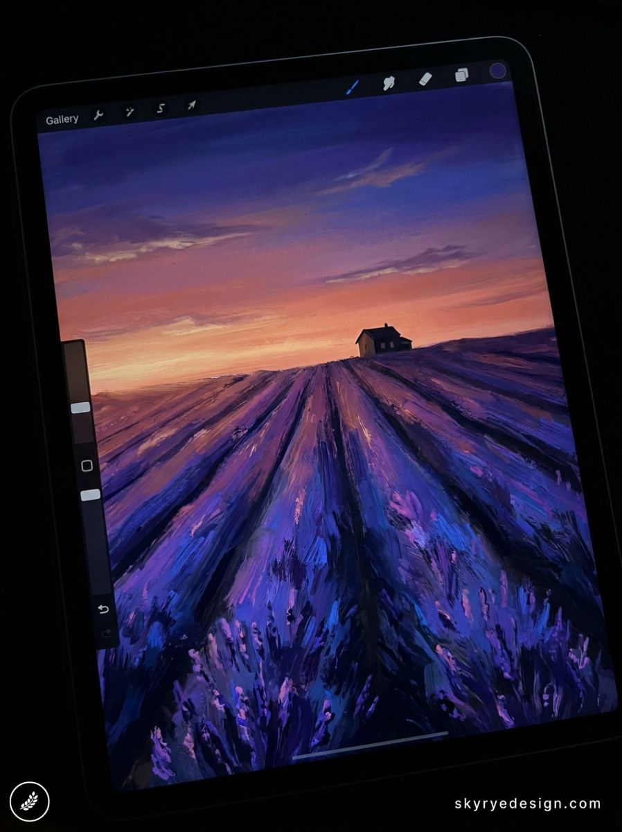 Procreate digital painting on tablet: purple lavender field at sunset with a lone farmhouse on the horizon.