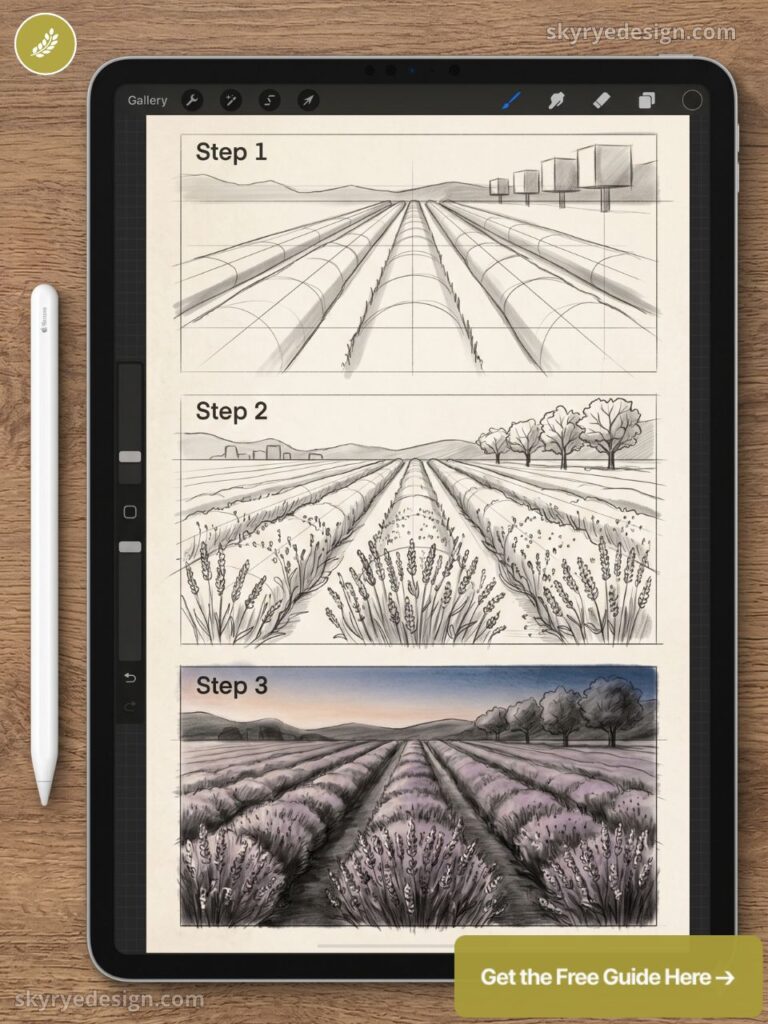 iPad drawing tutorial: step-by-step perspective sketches turning into colored lavender field, shown with Apple Pencil
