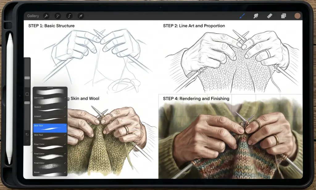 iPad art tutorial showing knitting illustration steps: sketches, line art, and rendered hands knitting with needles