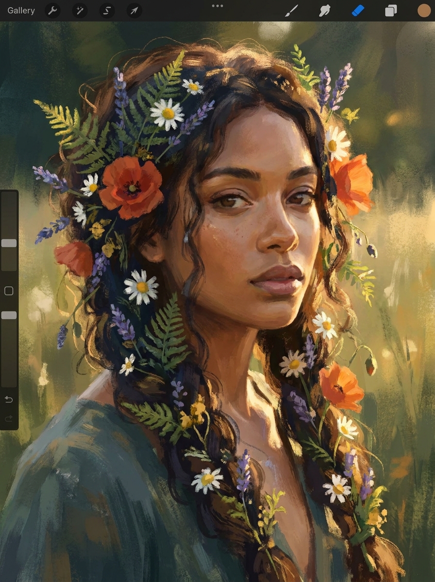 Digital painting portrait of a woman with braided hair woven with wildflowers and ferns, sunlit golden background