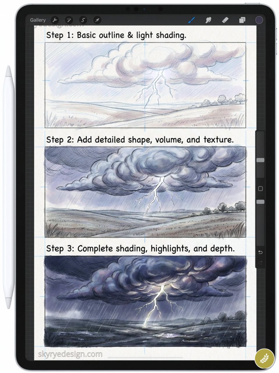 iPad Procreate tutorial: 3-step storm cloud drawing with outline, texture, and final shaded lightning landscape, Apple Pencil