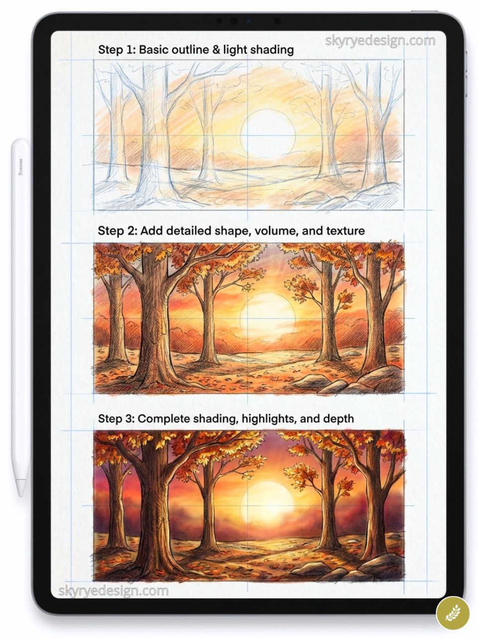 Three-step digital drawing tutorial on tablet: sketch to finished sunset forest scene with trees, sun, autumn colors