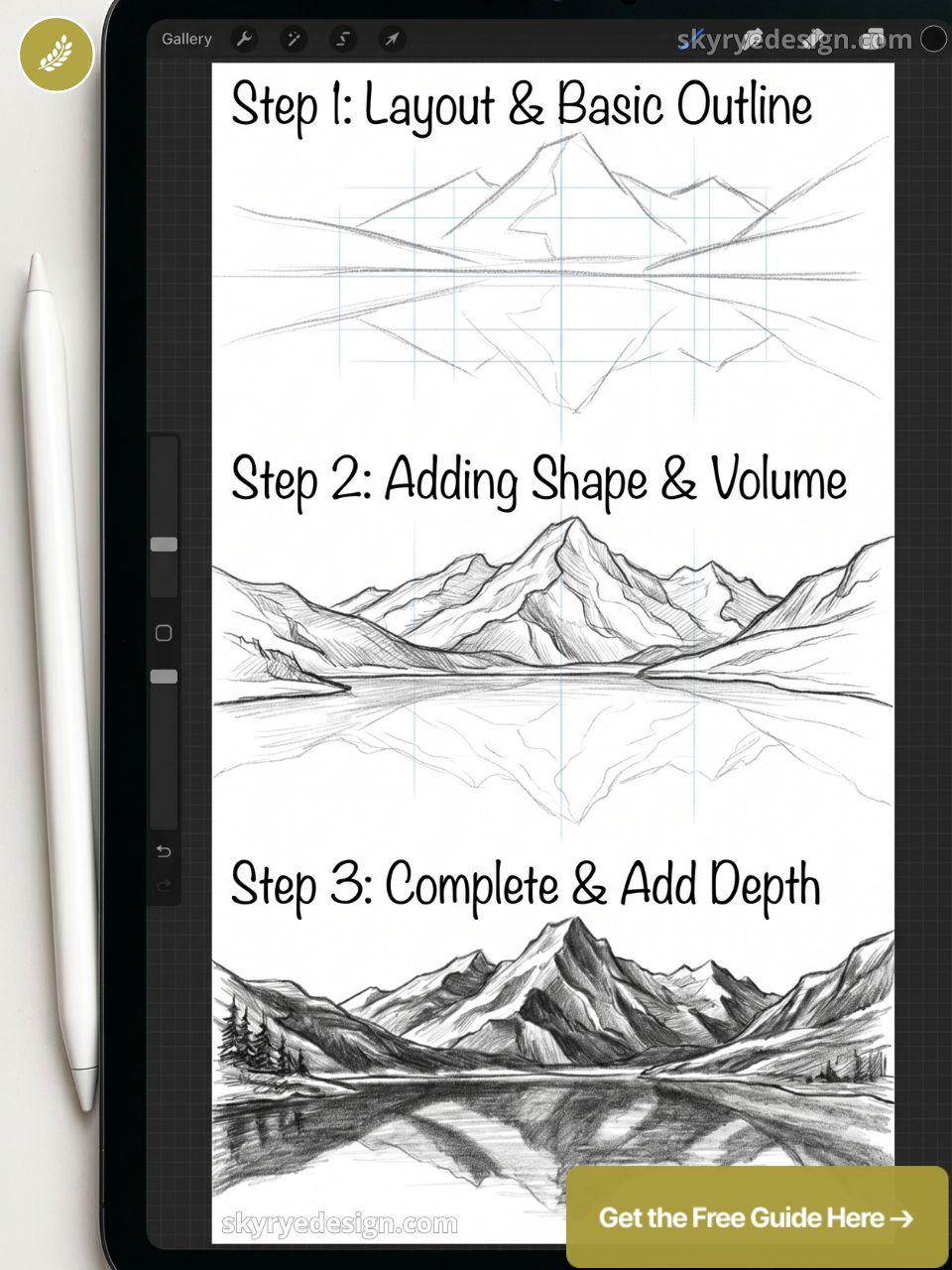 Step-by-step mountain drawing tutorial (tablet) — layout, shape, shading, and lake reflection.